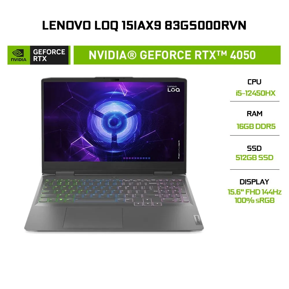 Ảnh Laptop Gaming Lenovo LOQ 15IAX9 83GS000RVN i5-12450HX | GeForce RTX™ 4050 6GB | 16GB | 512GB | 15.6' FHD 144Hz 1