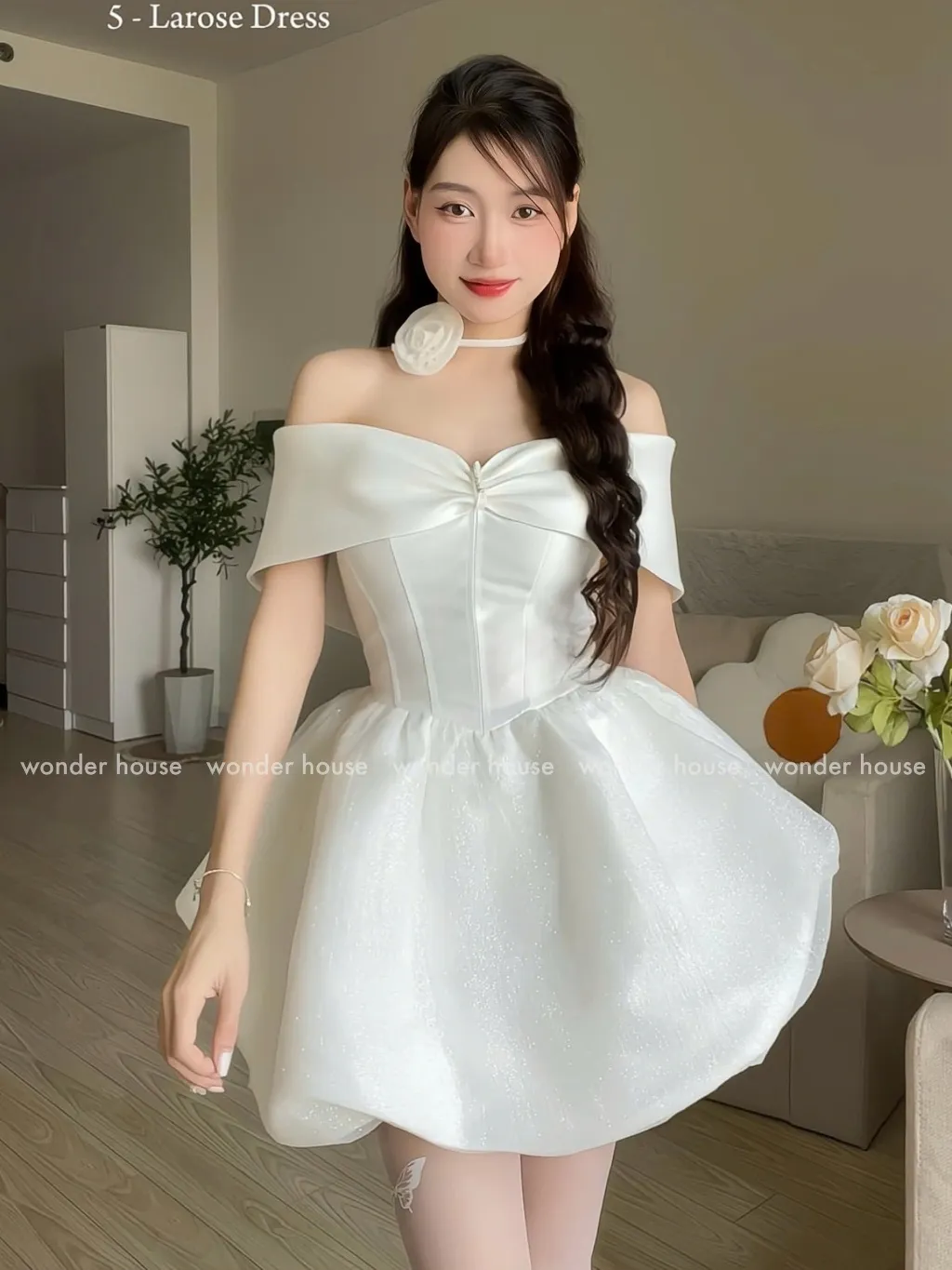Ảnh Larose Dress Wonderhouse Đầm trễ vai dáng bí chất vải dày dặn phối vải tơ kim tuyết lấp lánh dự tiệc sang trọng 3