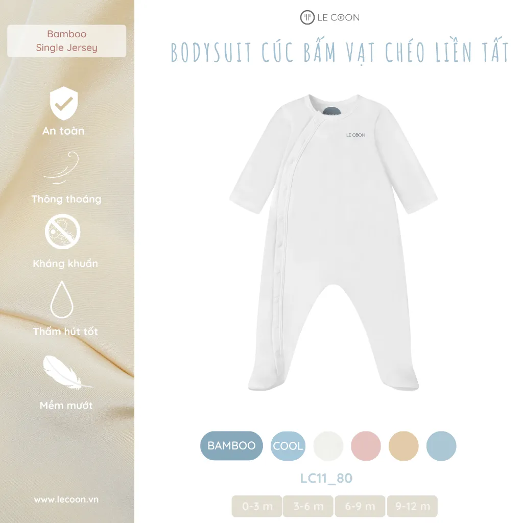 Ảnh LE COON | Bodysuit Dài Cúc Bấm Vạt Chéo Liền Tất | BAMBOO mỏng mát | 0-9 tháng 1