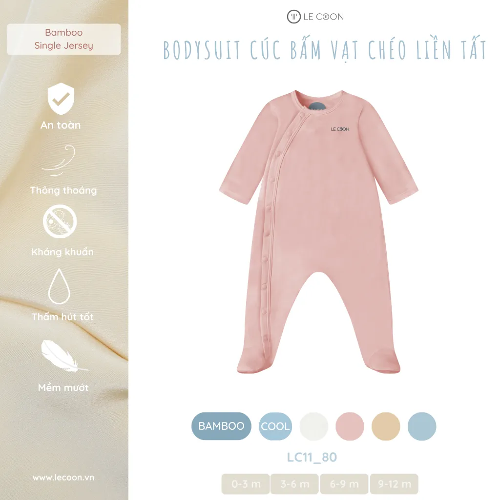 Ảnh LE COON | Bodysuit Dài Cúc Bấm Vạt Chéo Liền Tất | BAMBOO mỏng mát | 0-9 tháng 2
