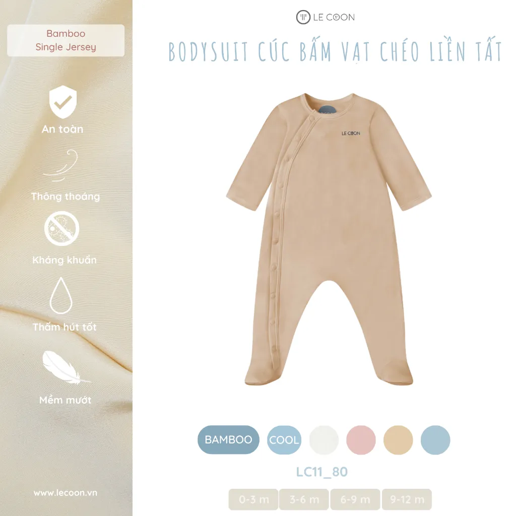 Ảnh LE COON | Bodysuit Dài Cúc Bấm Vạt Chéo Liền Tất | BAMBOO mỏng mát | 0-9 tháng 3