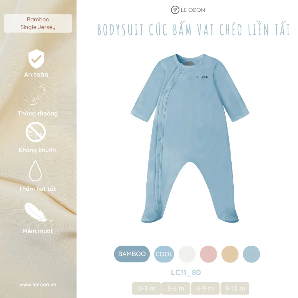 Ảnh LE COON | Bodysuit Dài Cúc Bấm Vạt Chéo Liền Tất | BAMBOO mỏng mát | 0-9 tháng 4