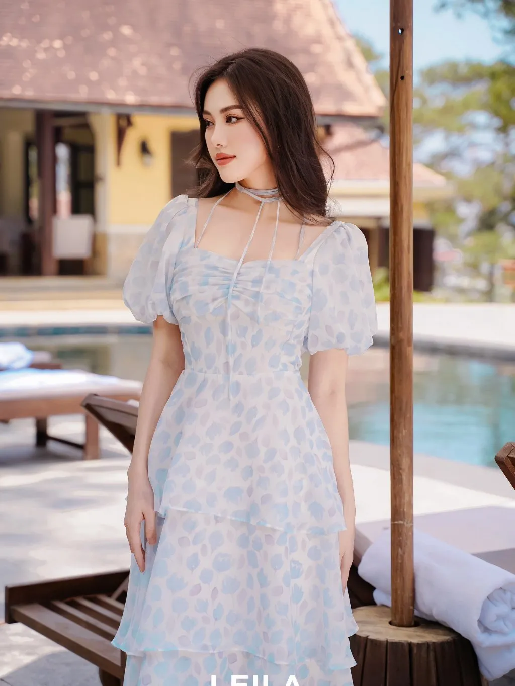 Ảnh LEILA CLOSET | Đầm maxi thiết kế Orina xanh 3 tầng thắt nơ 3