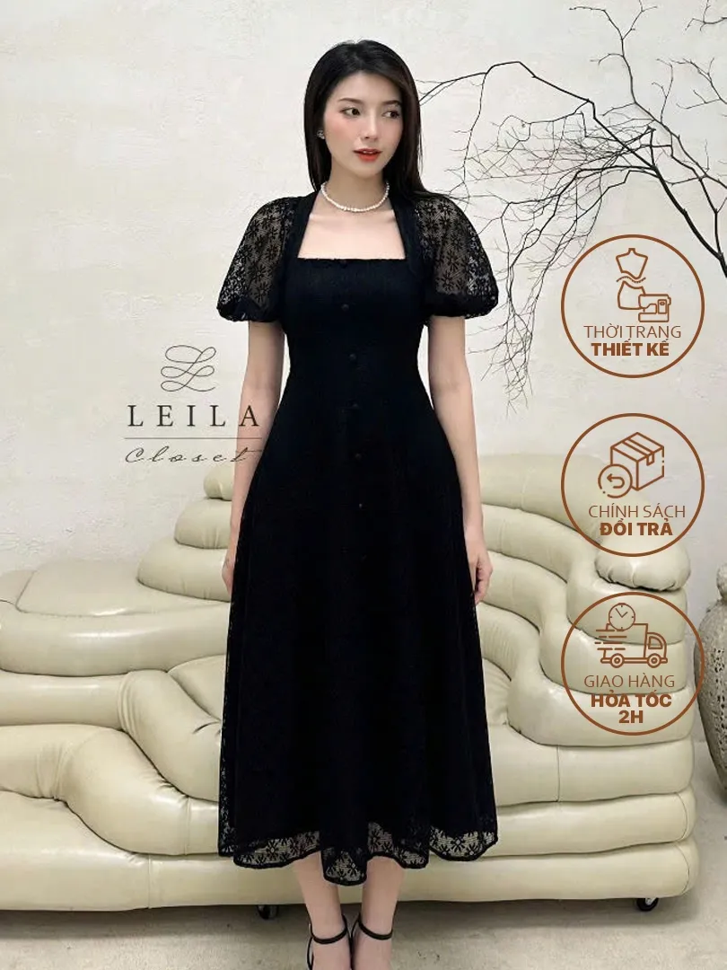 Ảnh LEILA CLOSET | Đầm thiết kế Dalia đen dáng cổ vuông tay phồng xẻ tà trước 2
