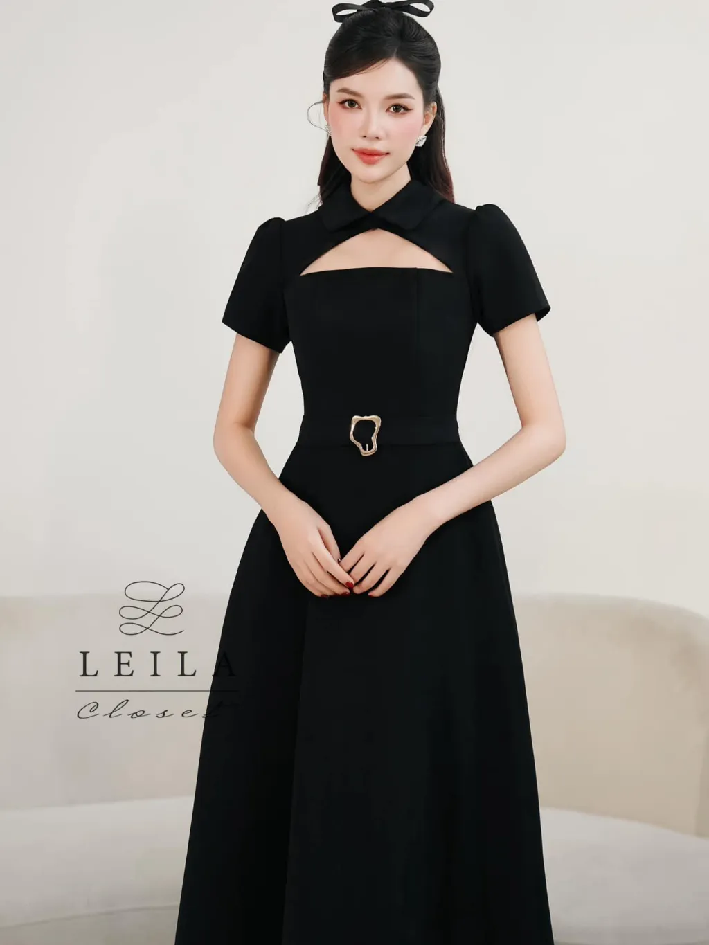 Ảnh LEILA CLOSET | Đầm thiết kế Sanee đen cổ Đức khoét ngực, tùng xoè dài có túi, dây belt tôn dáng 1