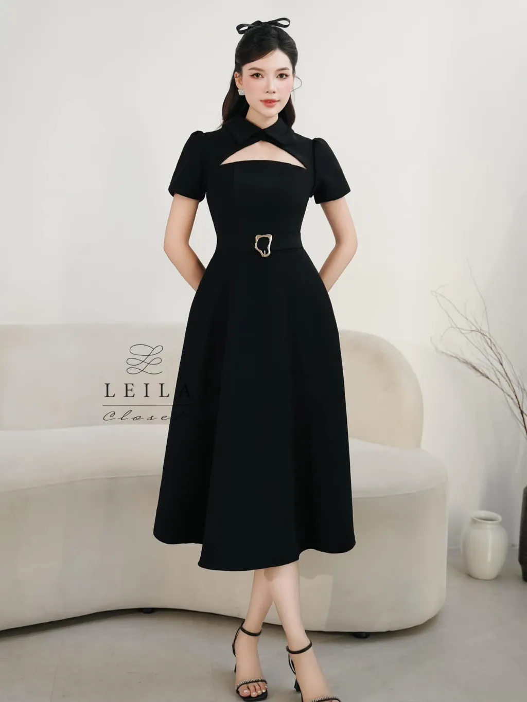 Ảnh LEILA CLOSET | Đầm thiết kế Sanee đen cổ Đức khoét ngực, tùng xoè dài có túi, dây belt tôn dáng 3