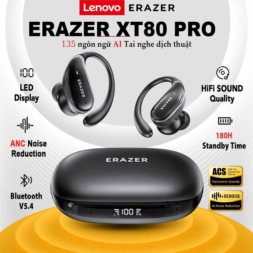 Ảnh Lenovo ERAZER XT80 Pro Tai nghe dịch AI Tai nghe Bluetooth 5.4 ANC Chức năng giảm tiếng ồn tự động Tai nghe thể thao HIFI Trò chơi âm nhạc Độ trễ thấp tai nghe không dây 1