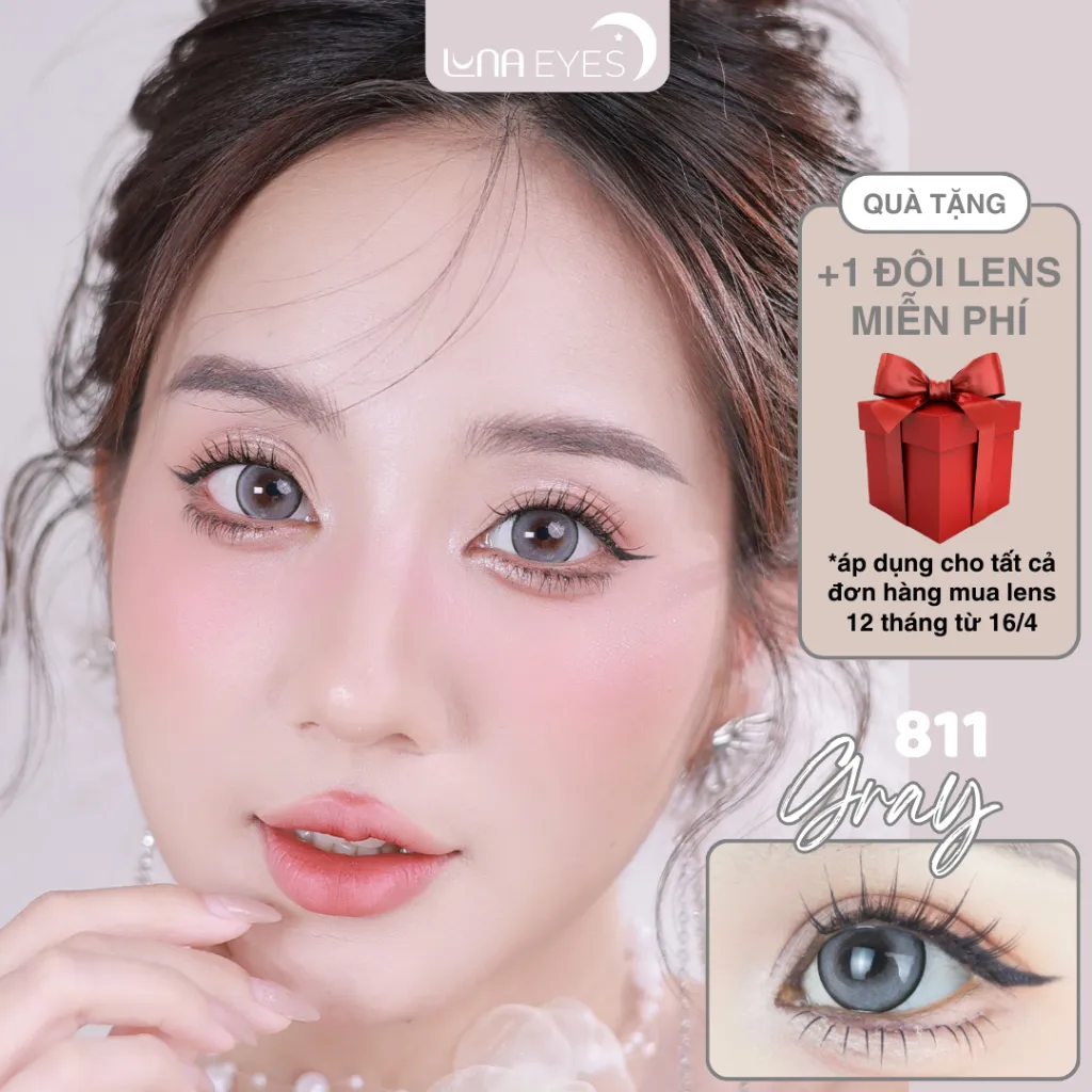 Ảnh Lens mắt 811 Gray màu xám sáng, viền đen mảnh, size to - thương hiệu LUNA EYES, hsd 12 tháng 1