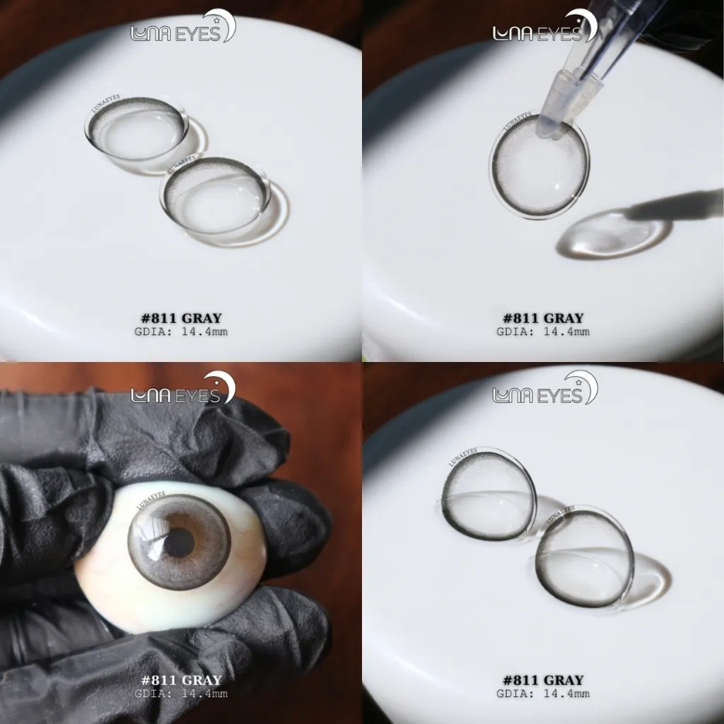 Ảnh Lens mắt 811 Gray màu xám sáng, viền đen mảnh, size to - thương hiệu LUNA EYES, hsd 12 tháng 3