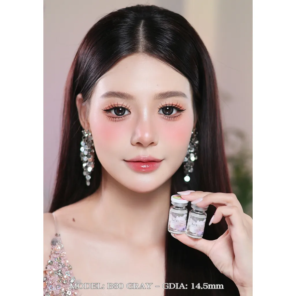 Ảnh Lens mắt B30 Gray màu xám đen mắt mèo, viền đen bản to, size to - thương hiệu LUNA EYES 4