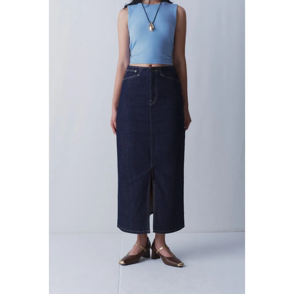 Ảnh LIBÉ WORKSHOP - Chân váy denim dáng dài xẻ tà thân trước màu xanh dương đậm 1