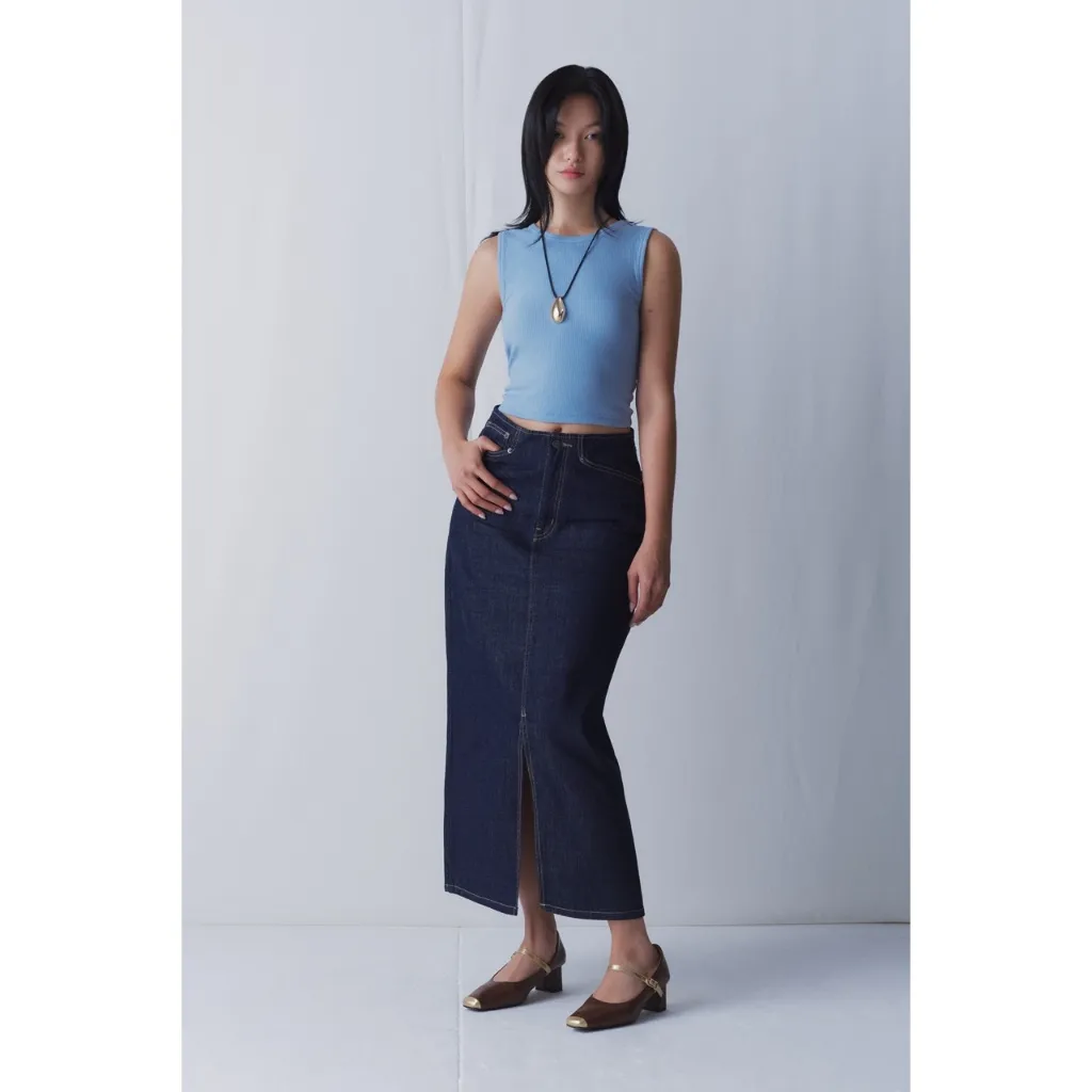 Ảnh LIBÉ WORKSHOP - Chân váy denim dáng dài xẻ tà thân trước màu xanh dương đậm 3