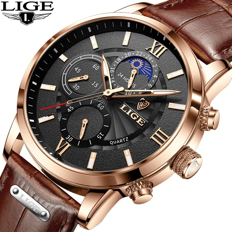 Ảnh LIGE Đồng hồ nam 8932 Quartz thời trang màu vàng trắng không thấm nước dành cho nam 1