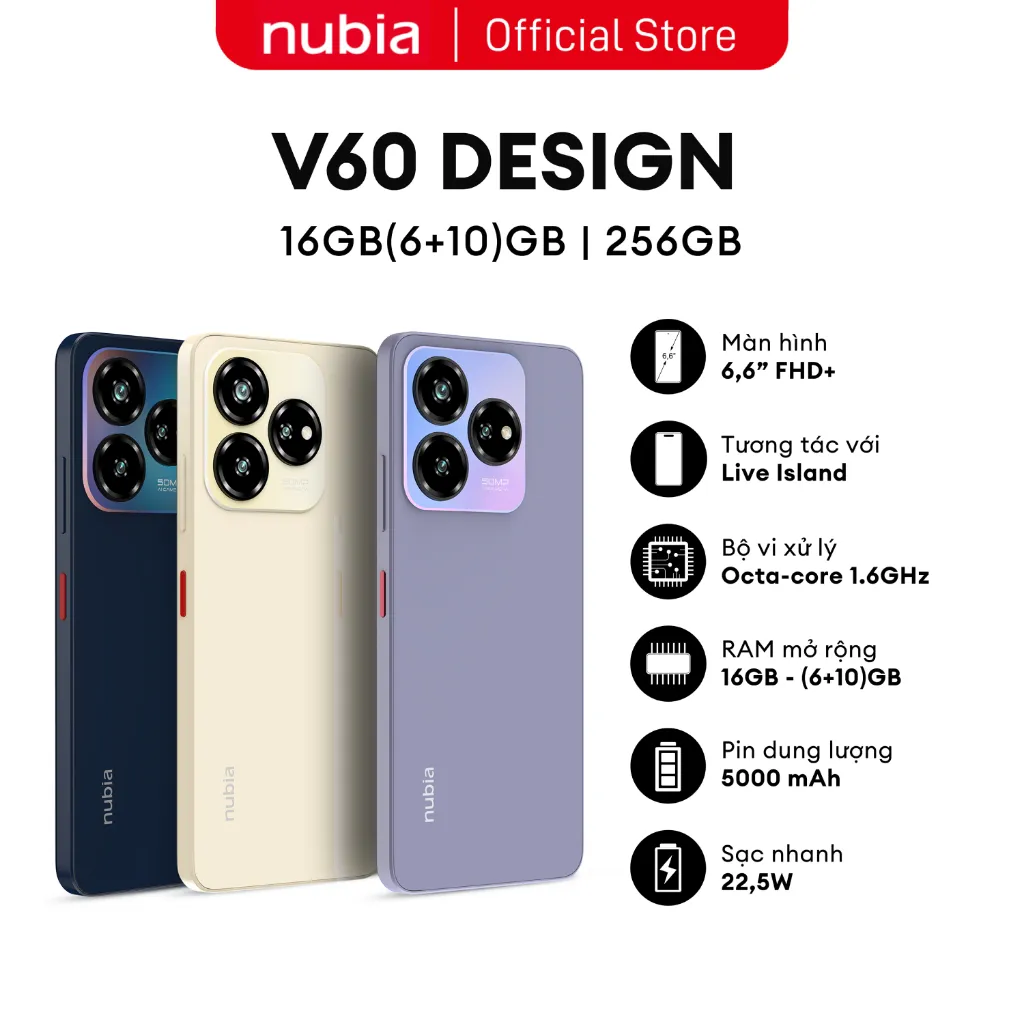 Ảnh [Livestream mã giảm 20%] Điện Thoại Nubia V60 Design | 16(6+10)GB/256GB | 6.6'' HD+ | Octa Core 1.6GHZ | 5000mAh 22.5W 2