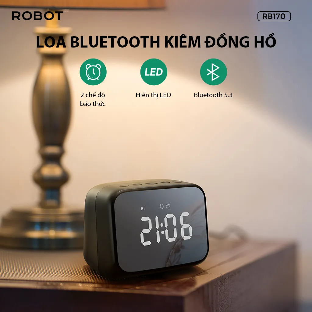 Ảnh Loa Bluetooth 5.3 ROBOT RB170 Xanh/ Đen, Công Suất 5W Màn Hình LED Kiêm Đồng Hồ Báo Thức - Hàng Chính Hãng 1