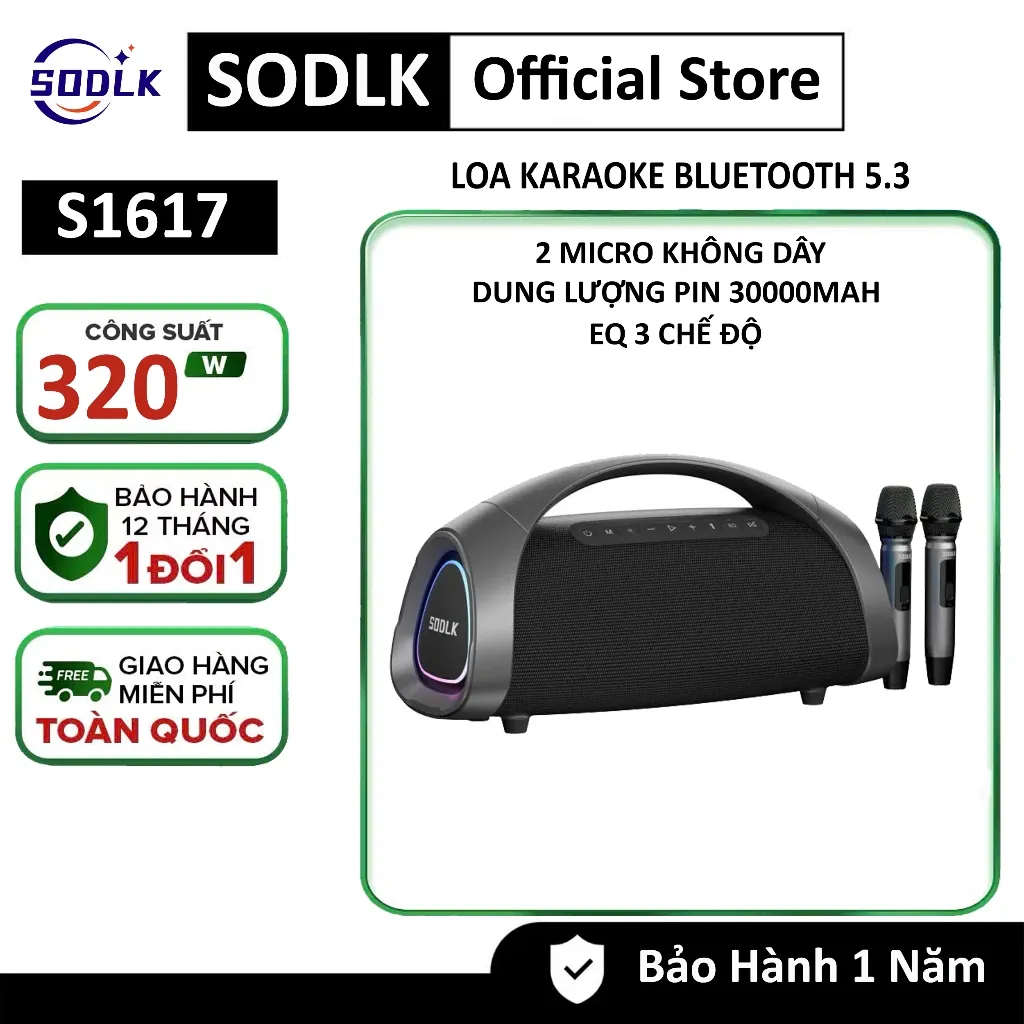 Ảnh Loa Bluetooth 5.3 SODLK S1617 Công Suất Max 320W | Loa Hát Karaoke Kèm 2 Micro Không Dây Siêu Trầm 1