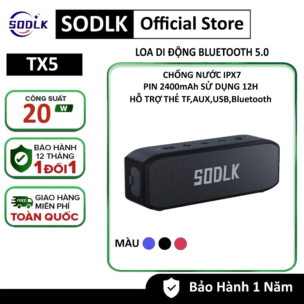 Ảnh Loa Bluetooth di động mini SODLK TX5 Hệ thống âm thanh vòm 20W | Bluetooth 5.0 | Chống Nước IPX7 | BẢO HÀNH 12 Tháng 1