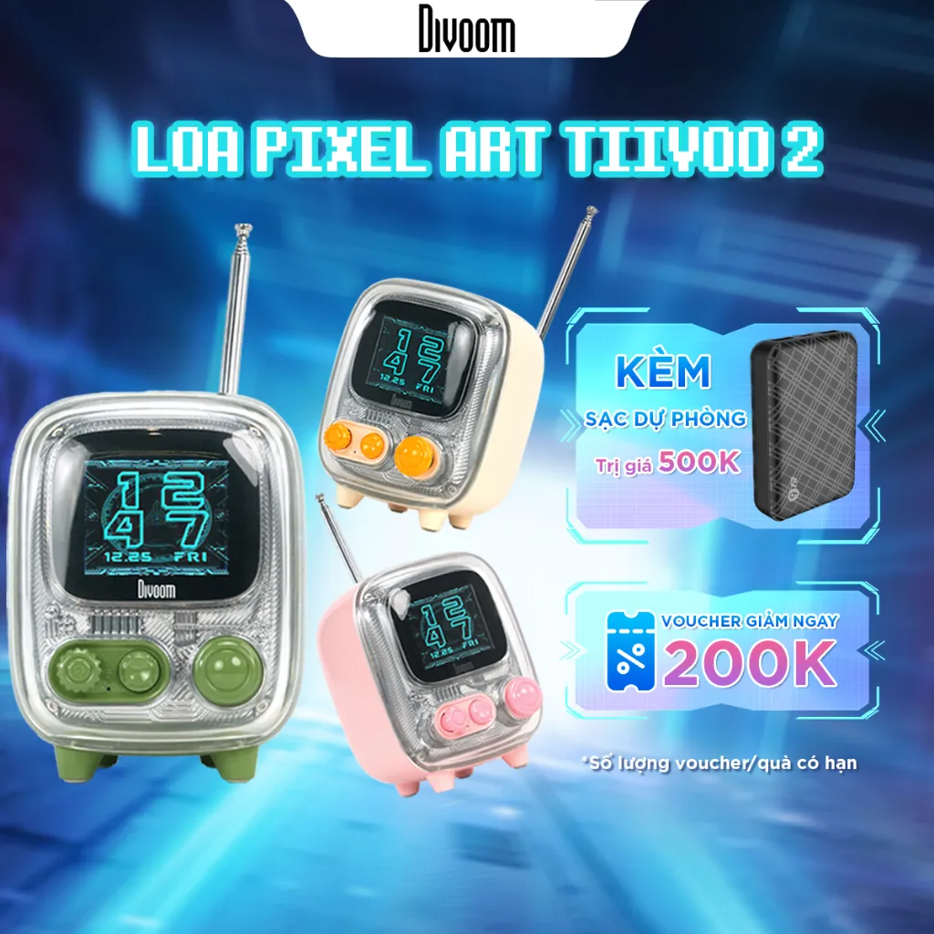 Ảnh Loa bluetooth Divoom Tiivoo 2 màn hình led pixel art, hiển thị lời bài hát, đồng hồ, phong cách retro thiết kế cổ điển 1