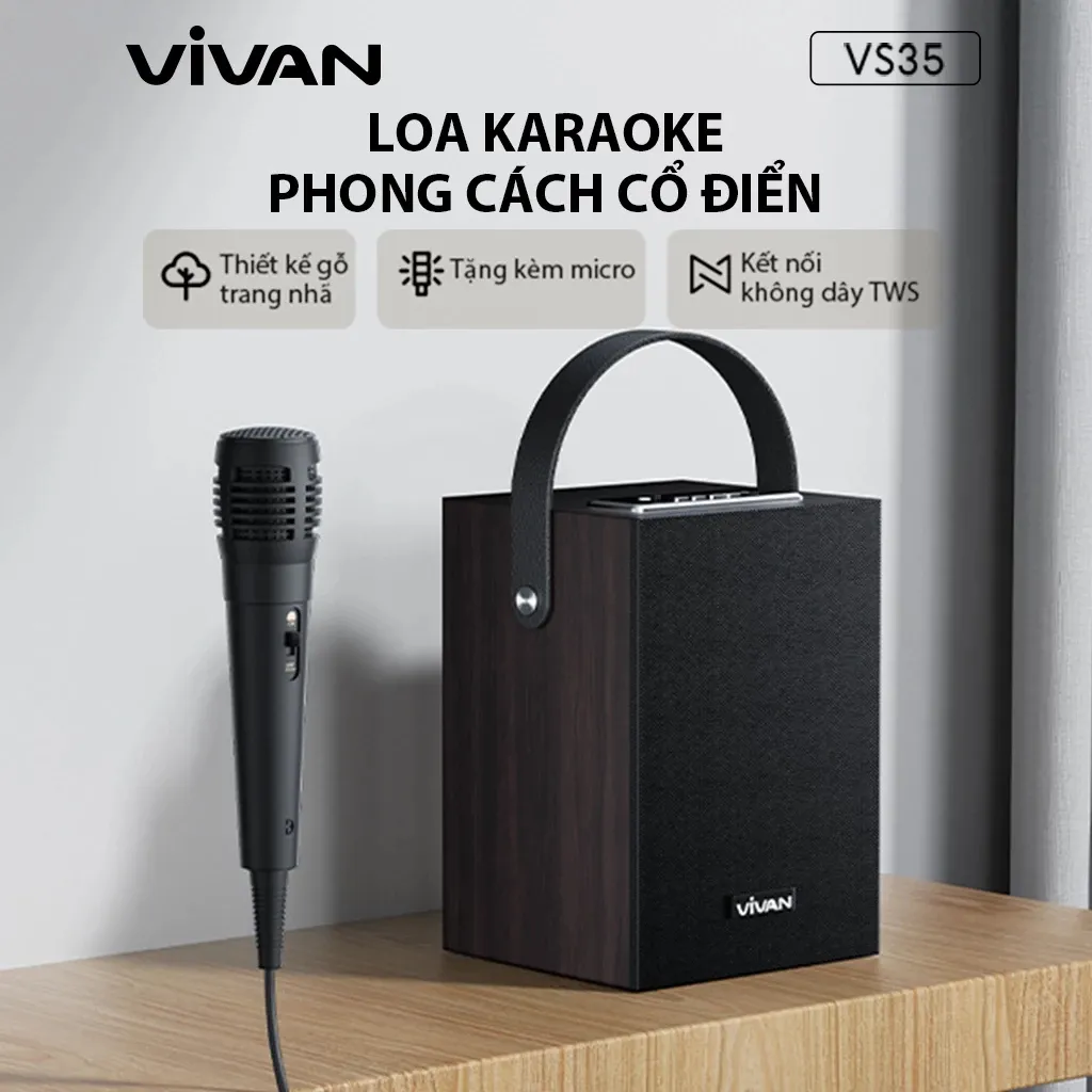 Ảnh Loa Bluetooth Karaoke phong cách cổ điển Đen VIVAN VS35 công suất 5W 2