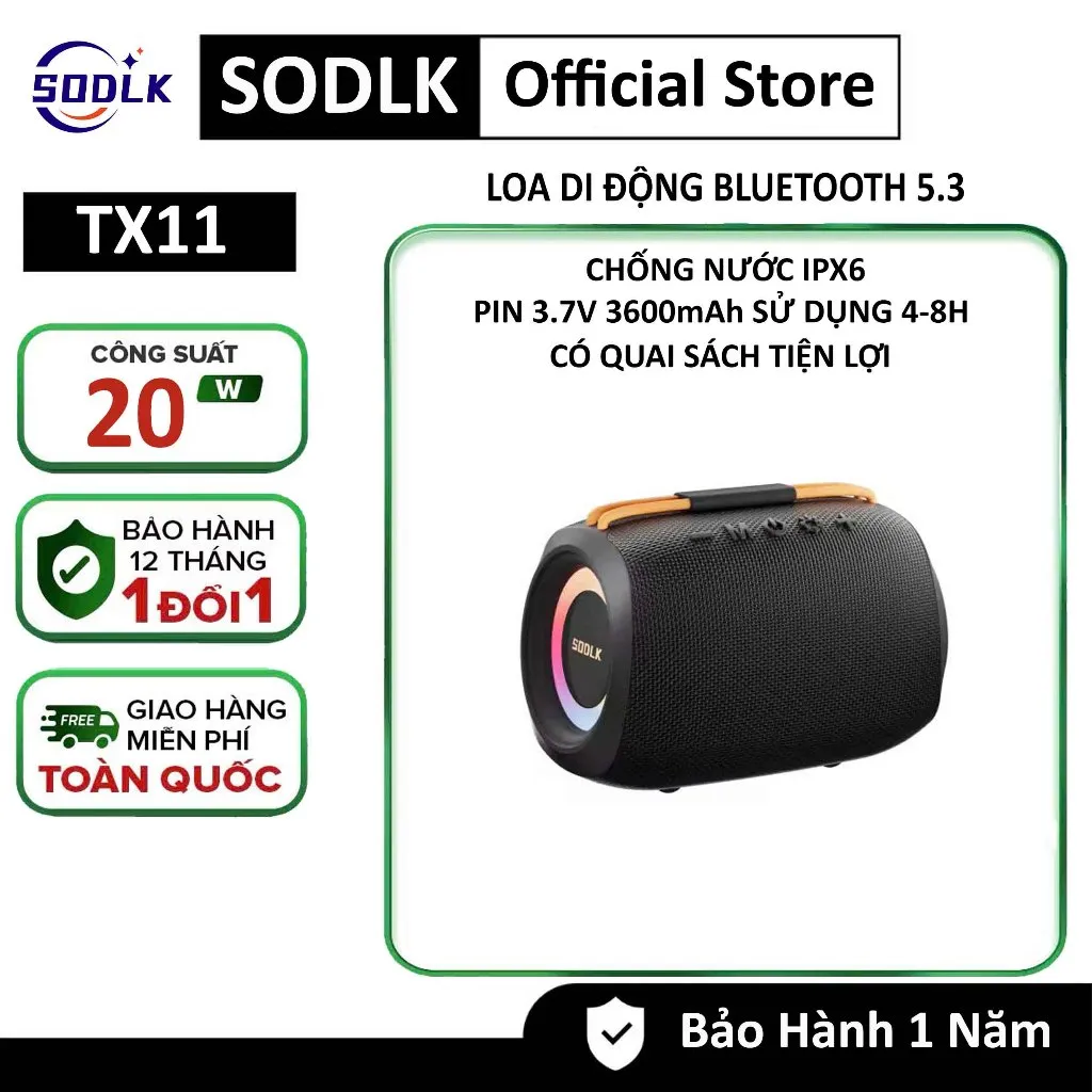 Ảnh Loa Bluetooth SODLK TX11, Loa siêu trầm Bluetooth 20W, Loa không dây di động chống nước IPX6 hỗ trợ thẻ TF TF USB 1