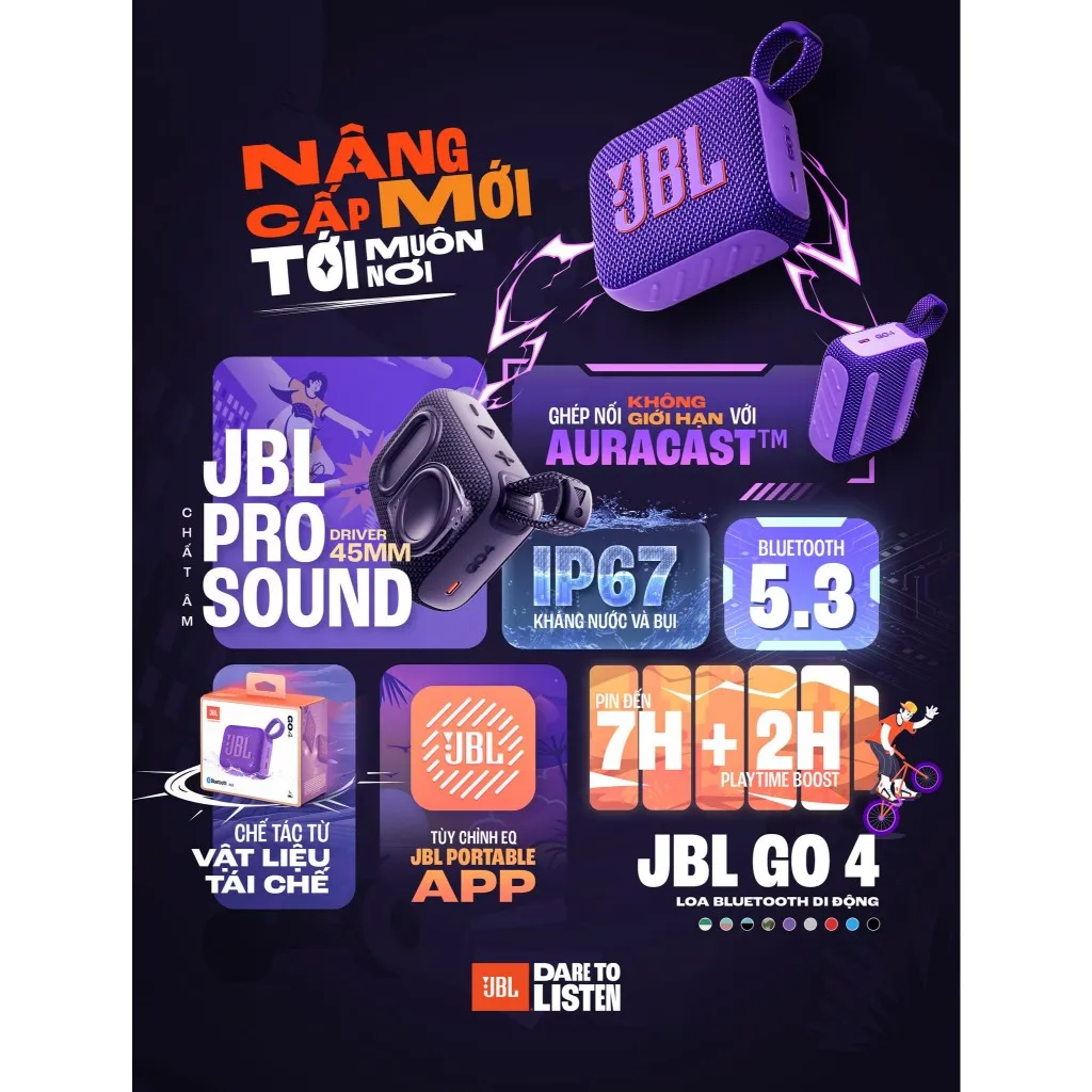 Ảnh Loa Di Động Bluetooth JBL Go 4 Chơi Nhạc tới 7 Giờ Bluetooth 5.3 Chống Nước IP67 Kết Nối Đa Loa AuraCast 2