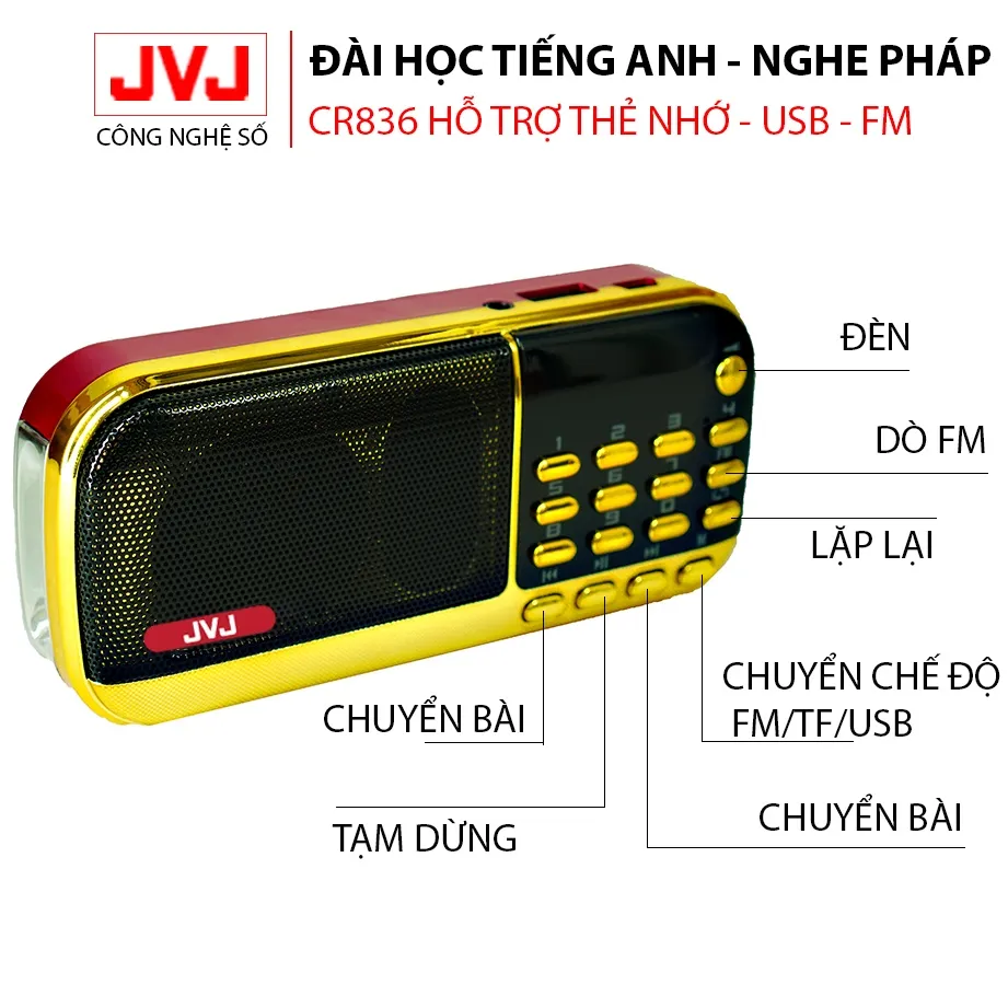 Ảnh Loa nghe pháp mini JVJ J-836S 2 Pin sử dụng thẻ nhớ,USB học tiếng anh, đài FM, đèn pin siêu sáng - BH 12 tháng 4