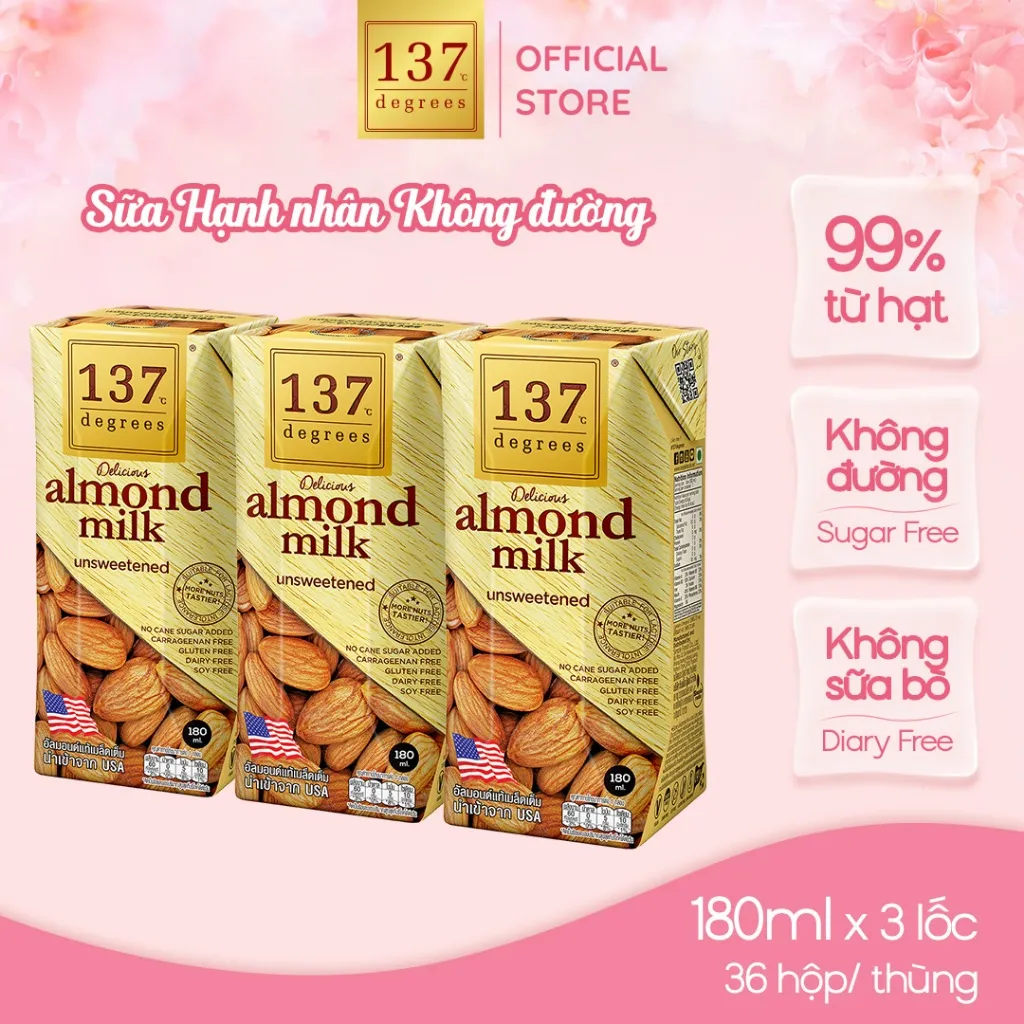 Ảnh [LỐC 3 HỘP 180ML] Sữa Hạt Hạnh Nhân Nguyên Chất 137 DEGREES Không Ngọt (Không Đường) Healthy Dinh Dưỡng Thái Lan 1