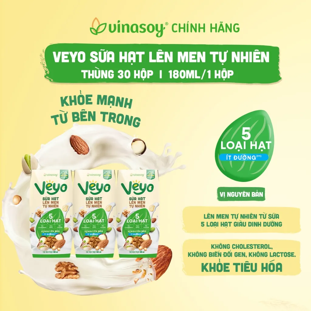 Ảnh Lốc Veyo Sữa hạt lên men tự nhiên Vị Nguyên bản Ít đường (3 hộp x 180ml) 1