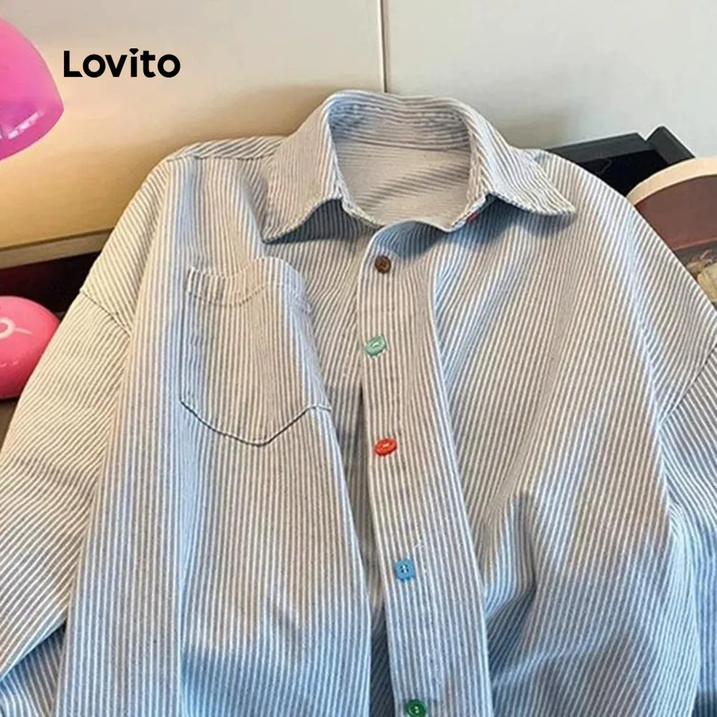Ảnh Lovito Áo Sơ Mi Sọc Xanh Trắng Cúc Nhiều Màu Cho Nữ LNL70230 1