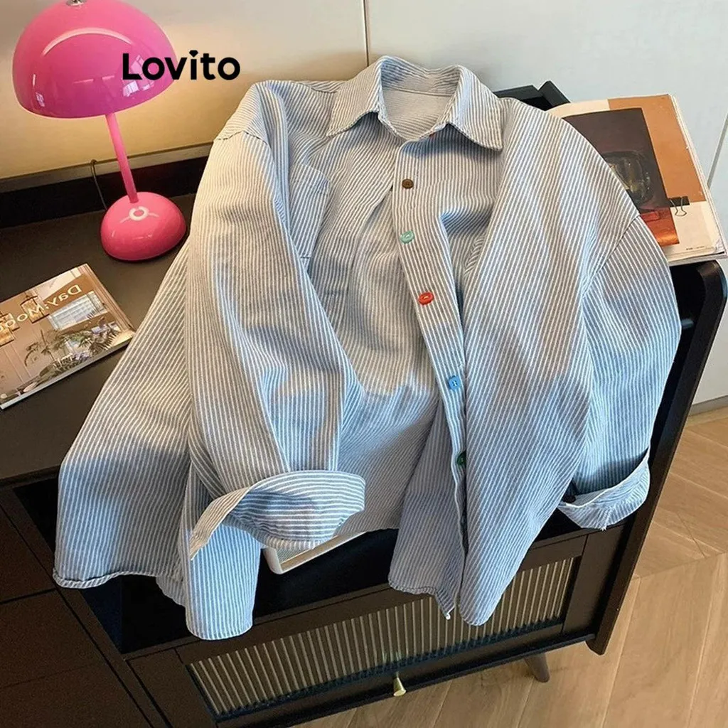 Ảnh Lovito Áo Sơ Mi Sọc Xanh Trắng Cúc Nhiều Màu Cho Nữ LNL70230 3