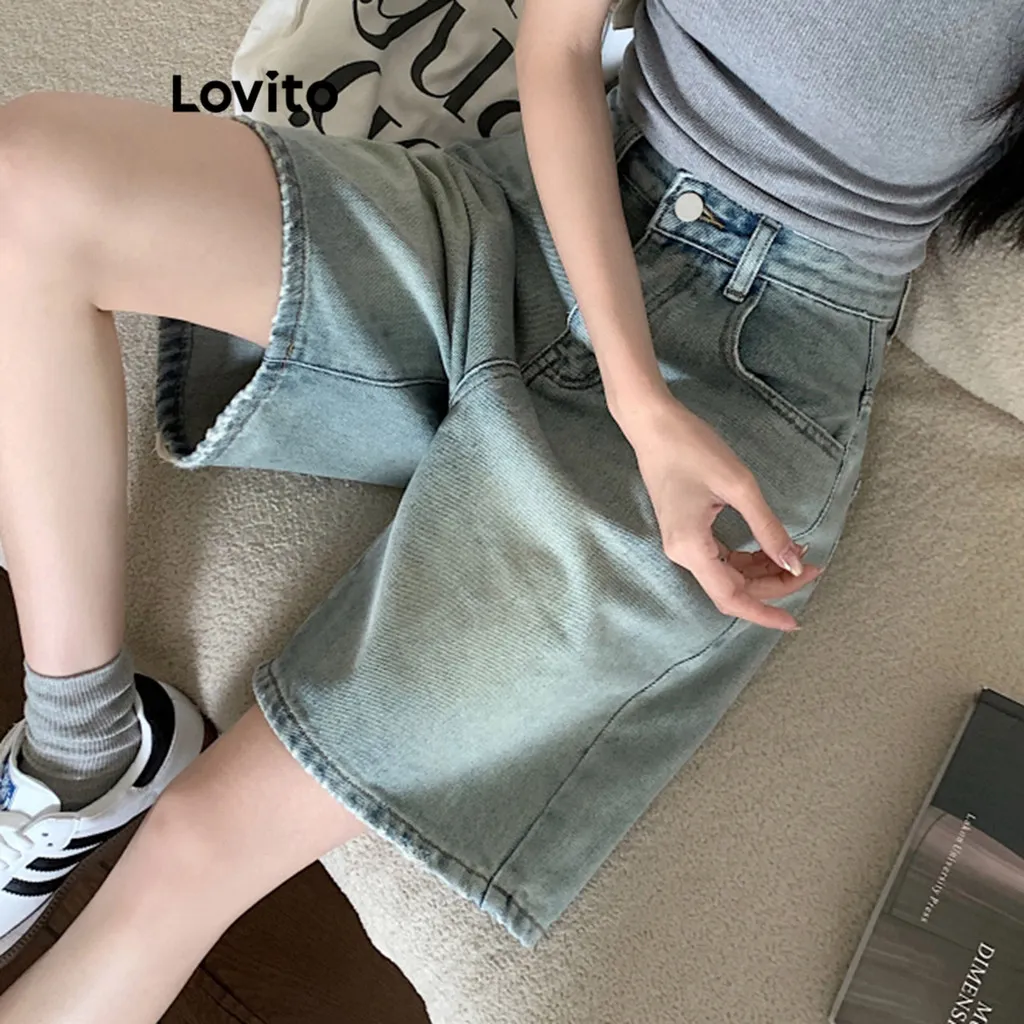 Ảnh Lovito - Quần Short Jean Cạp Cao Denim Có Túi Màu Trơn LNA19020 2