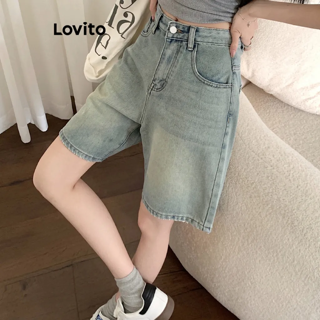 Ảnh Lovito - Quần Short Jean Cạp Cao Denim Có Túi Màu Trơn LNA19020 3