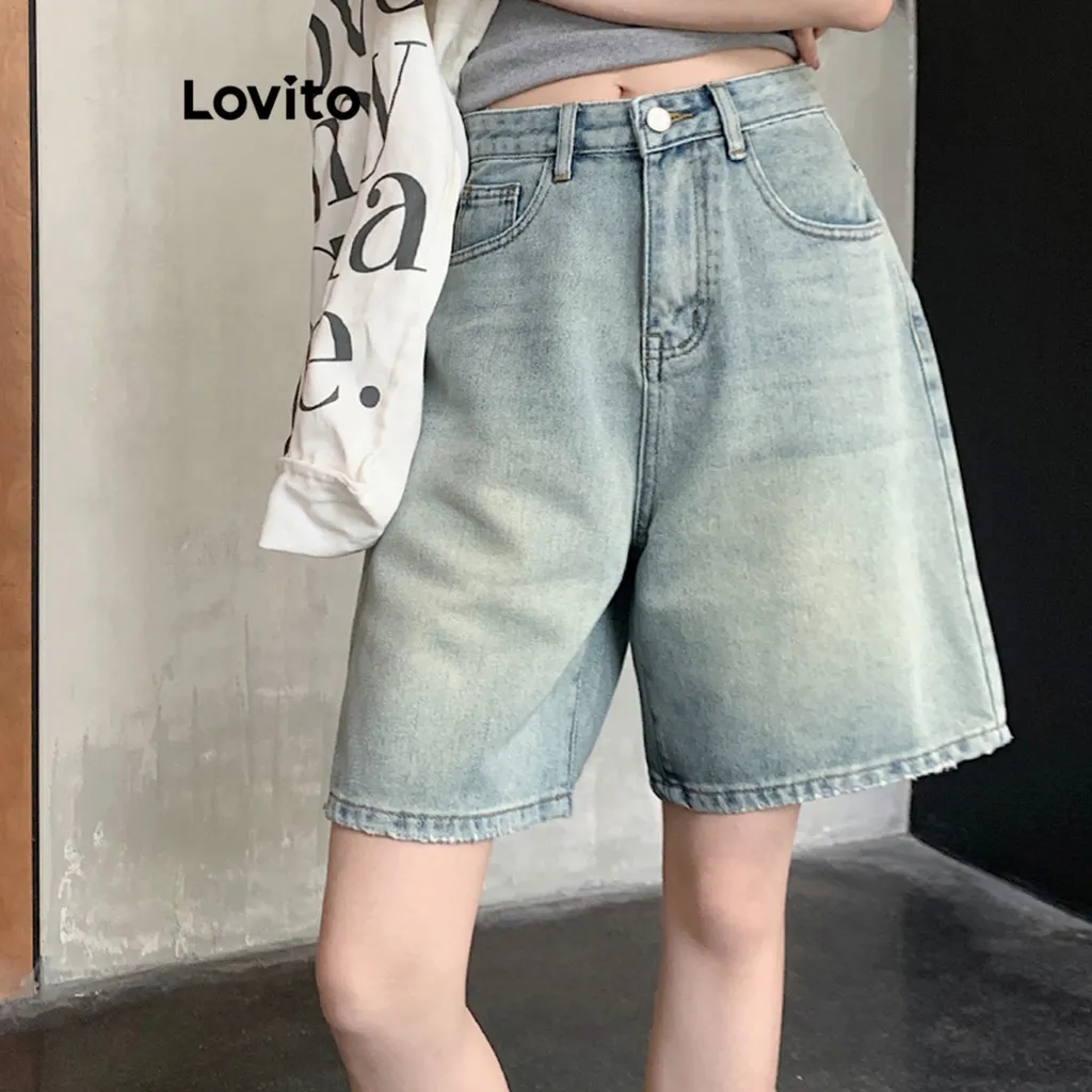 Ảnh Lovito - Quần Short Jean Cạp Cao Denim Có Túi Màu Trơn LNA19020 4
