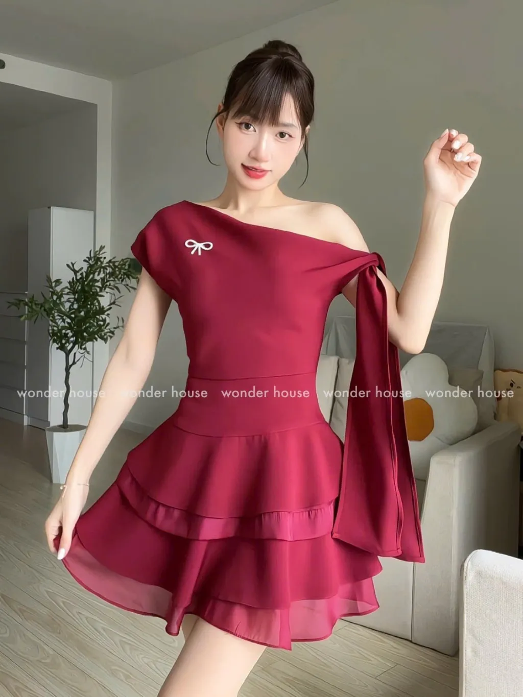 Ảnh Lucie Dress Wonderhouse Đầm xéo vai cột nơ dáng xòe chất vải dày vừa phải dự tiệc, dạo phố sang trọng 2