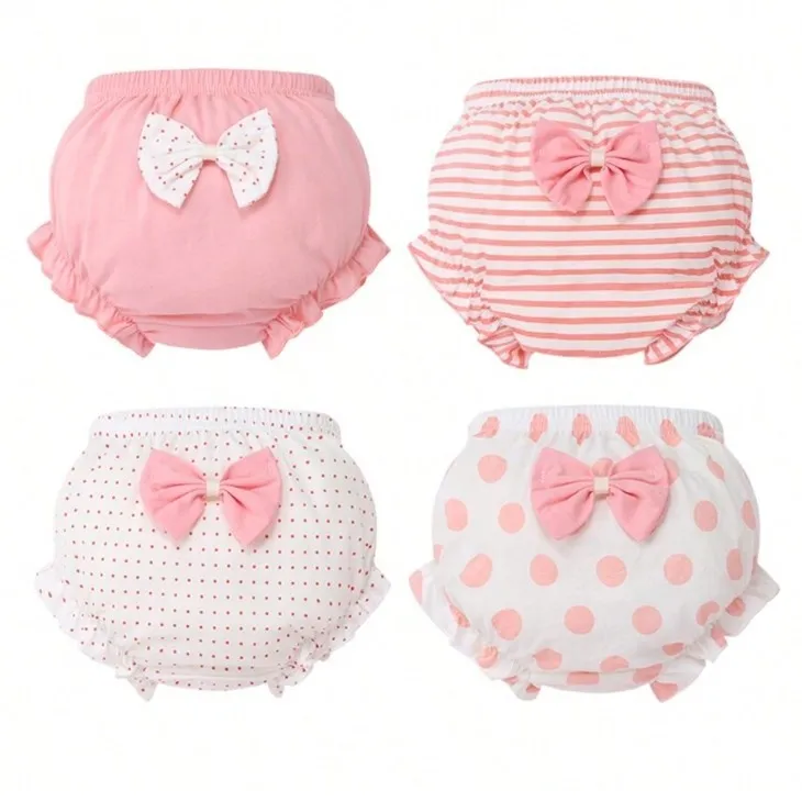 Ảnh Lucky Big Cat® 4 Cái / bộ Quần Lót Bé Gái 100% Cotton Thoải Mái Dây Thắt Lưng Co Giãn Họa Tiết Đáng Yêu 0-5 Tuổi Trẻ Em Bánh Mì Quần Short Dễ Thương 2