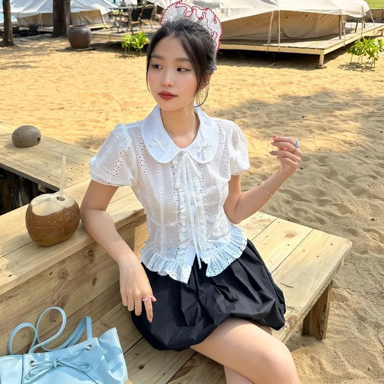 Ảnh LYRA - Áo sơ mi ngắn tay thiết kế, Áo kiểu nữ cổ nơ viền ren chất thô boi trẻ trung kiểu Hàn - LWNAO021 1
