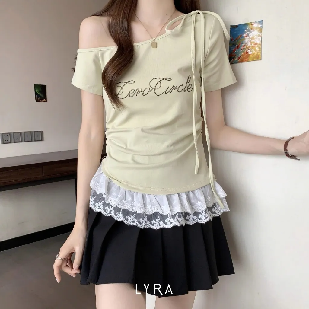 Ảnh LYRA - Áo thun nữ cách điệu dây nơ, áo lệch vai phối viền ren bèo Zero Circle tiểu thư nhẹ nhàng sang chảnh - CSYAC0297 4