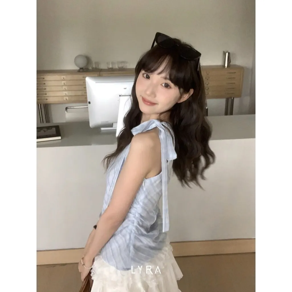 Ảnh LYRA - Áo Yếm Kẻ Cách Điệu Dây Nơ Viền Ren Nhún Eo Phong Cách Tiểu Thư Hàn Quốc - CSYAC0290 4