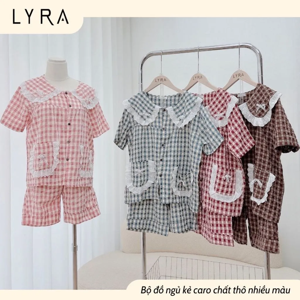 Ảnh LYRA - Bộ đồ ngủ họa tiết kẻ caro phối túi ren tiểu thư, đồ ngủ mặc nhà chất thô thoáng mát - LWNSE009 2