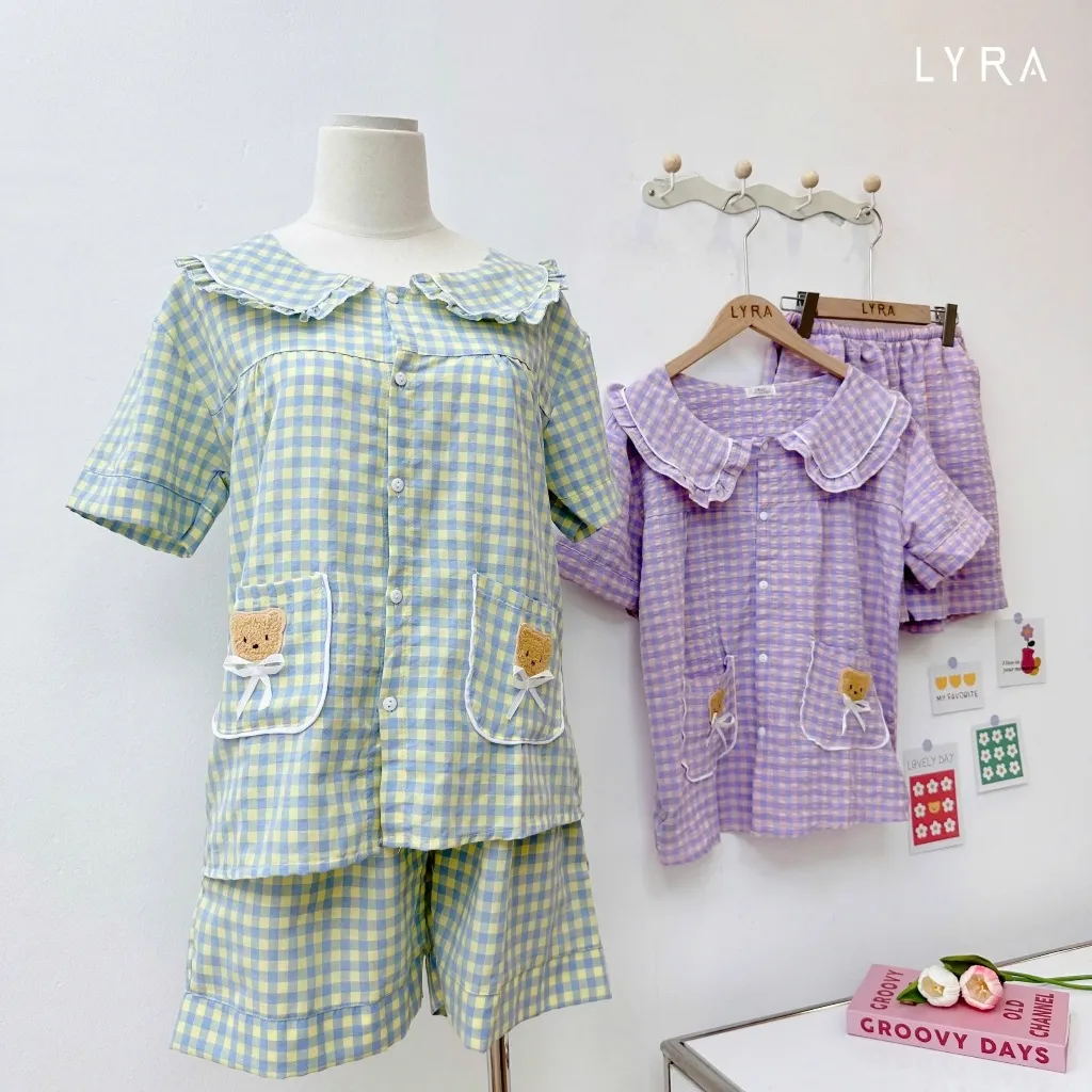Ảnh LYRA - Bộ đồ ngủ nữ ngắn tay kẻ caro cổ sen túi gấu, Set đũi hè pijama nhiều màu thoáng mát mặc ở nhà - LWNSE015 1