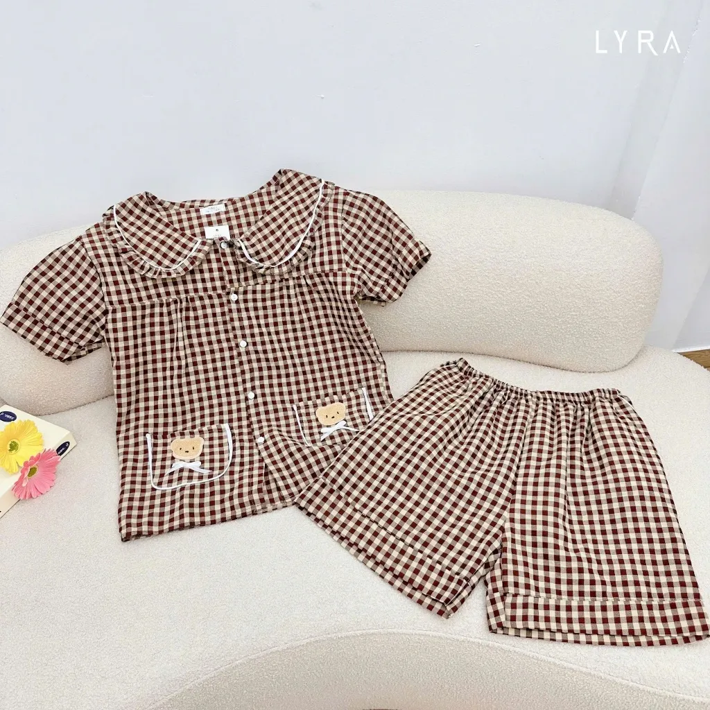 Ảnh LYRA - Bộ đồ ngủ nữ ngắn tay kẻ caro cổ sen túi gấu, Set đũi hè pijama nhiều màu thoáng mát mặc ở nhà - LWNSE015 2