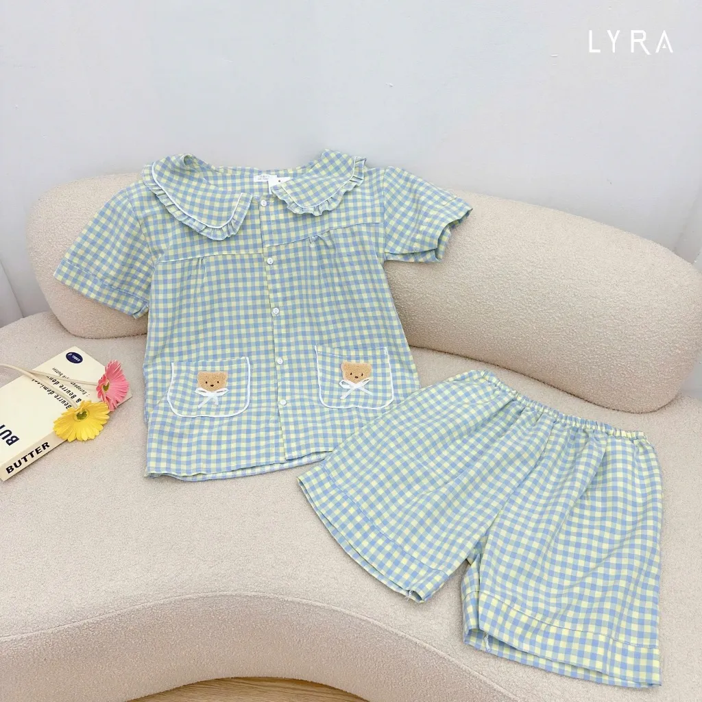 Ảnh LYRA - Bộ đồ ngủ nữ ngắn tay kẻ caro cổ sen túi gấu, Set đũi hè pijama nhiều màu thoáng mát mặc ở nhà - LWNSE015 3