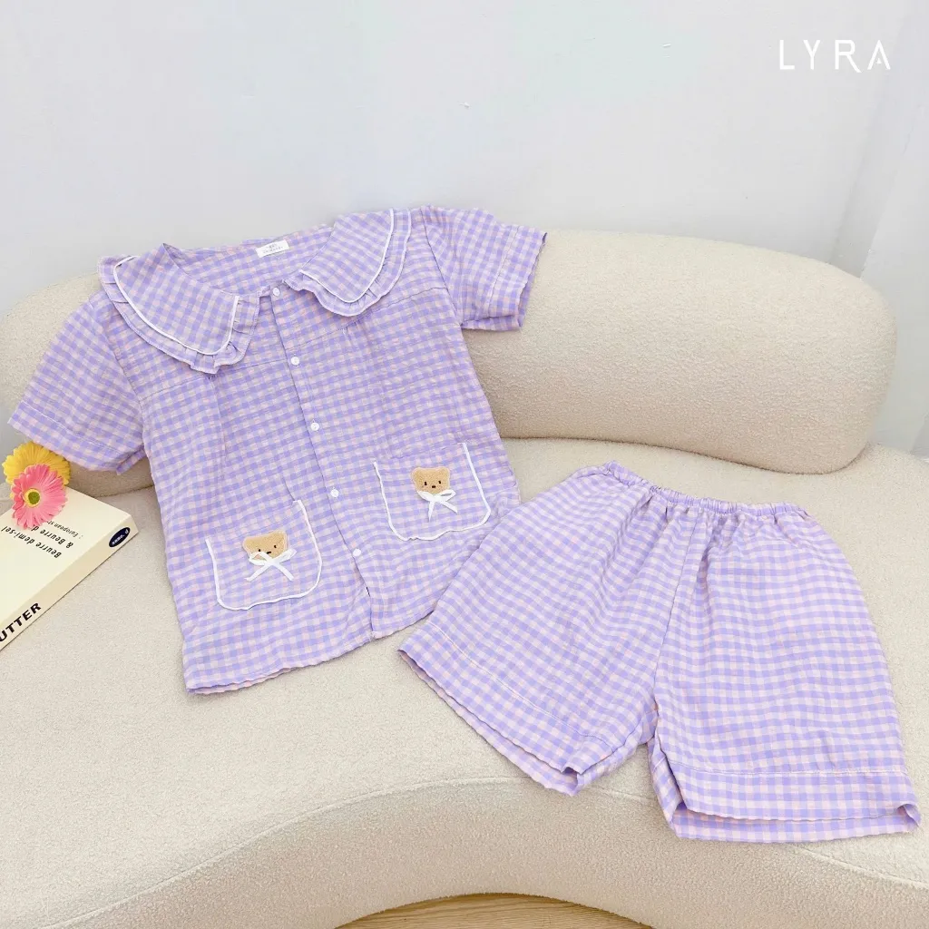 Ảnh LYRA - Bộ đồ ngủ nữ ngắn tay kẻ caro cổ sen túi gấu, Set đũi hè pijama nhiều màu thoáng mát mặc ở nhà - LWNSE015 4