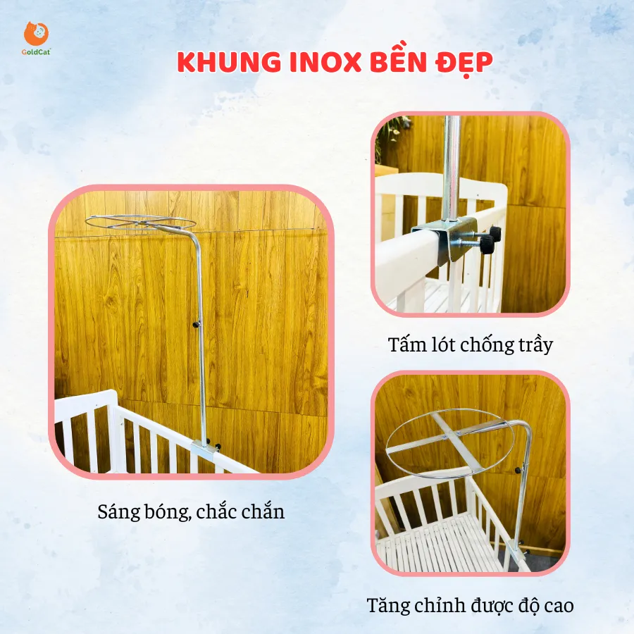 Ảnh Màn Cũi Cho Bé GOLDCAT Và Cây Treo, Mắt Lưới Thoáng Khí Chống Muỗi Và Trùng,Khung Treo Tăng Chỉnh Độ Cao Thông Minh 3