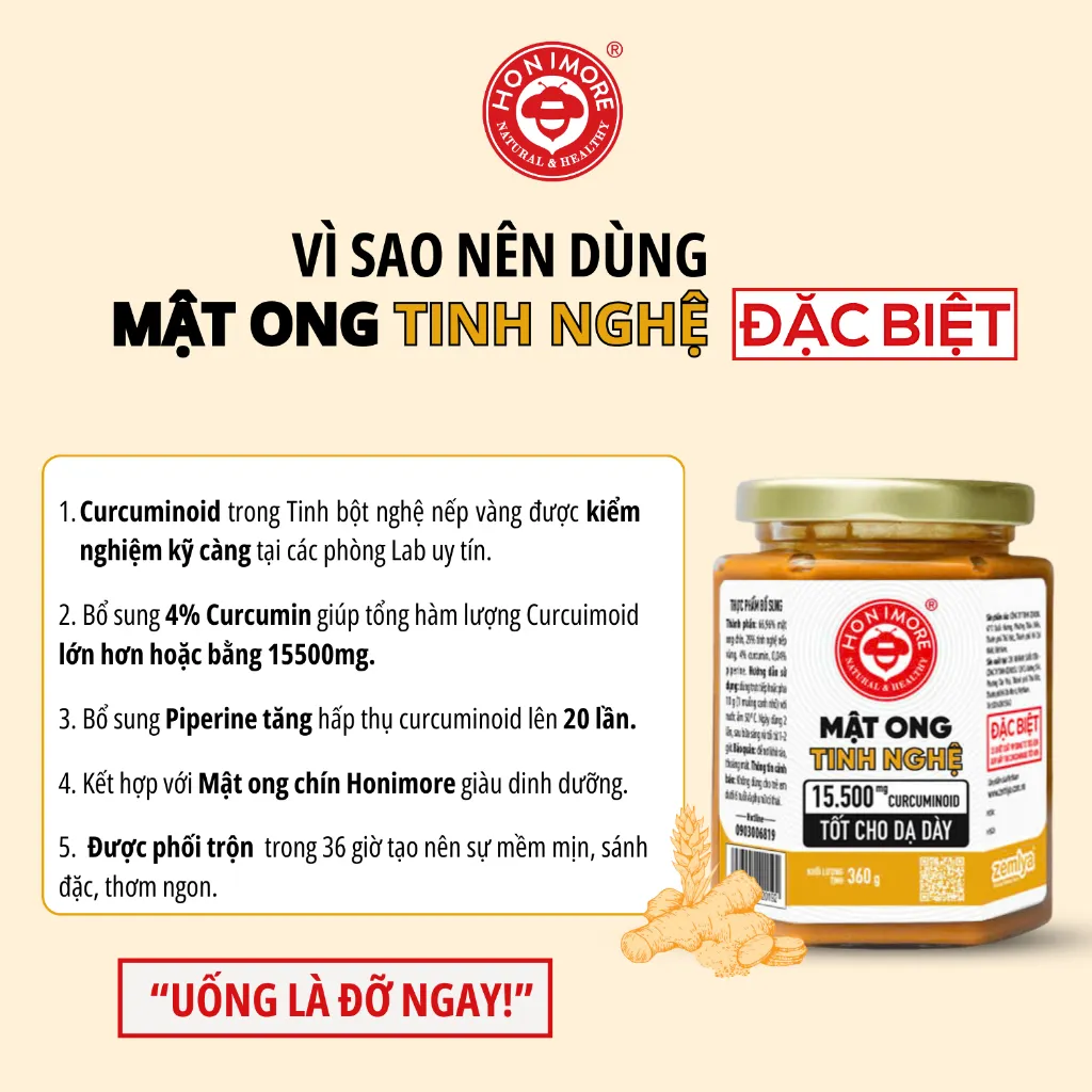 Ảnh Mật ong tinh nghệ Honimore 15500mg Curcuminoid loại đặc biệt 360g|dành cho người dạ dày 4