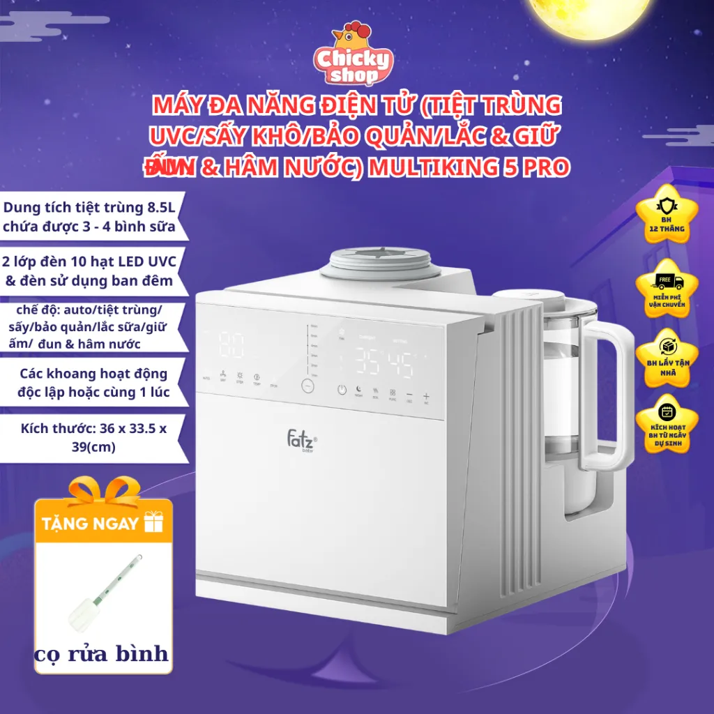 Ảnh Máy đa năng điện tử (Tiệt trùng UVC, Sấy khô/ Lắc & Giữ ấm/ Đun&Hâm nước pha sữa) Multi-KING 5 Pro FATZBABY FB9288BT 1