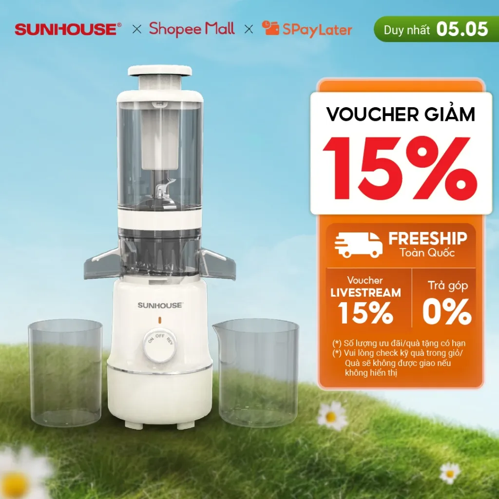 Ảnh Máy ép chậm Sunhouse SHD5515 - Dung tích 600ml - Làm được kem, lưỡi cắt vượt trội - Ống tiếp nguyên liệu lớn 108mm 1