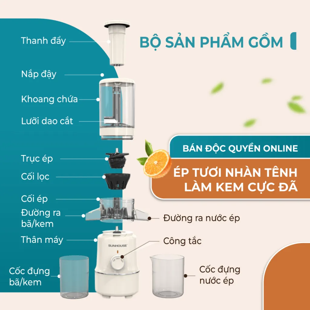 Ảnh Máy ép chậm Sunhouse SHD5515 - Dung tích 600ml - Làm được kem, lưỡi cắt vượt trội - Ống tiếp nguyên liệu lớn 108mm 4