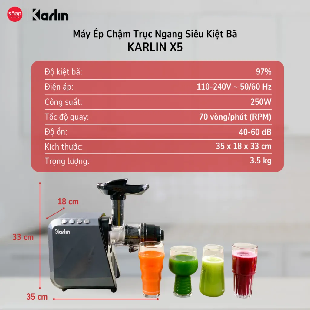 Ảnh Máy Ép Chậm Trục Ngang KARLIN X5_Máy Ép Nguyên Quả Siêu Kiệt Bã 97%_Ép Xay Đa Năng [Snap Kitchen] 3