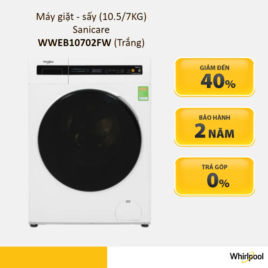 Ảnh Máy giặt sấy Whirlpool SaniCare Inverter giặt 10.5 kg - sấy 7 kg WWEB10702FG - Bảo hành 2 năm 1